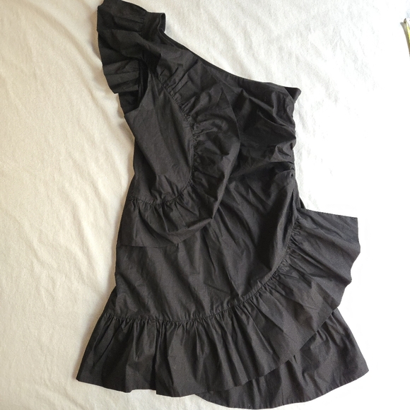 Maeve Anthropologie Black One Shoulder Ruffle Cotton Mini Dress - Picture 3 of 9